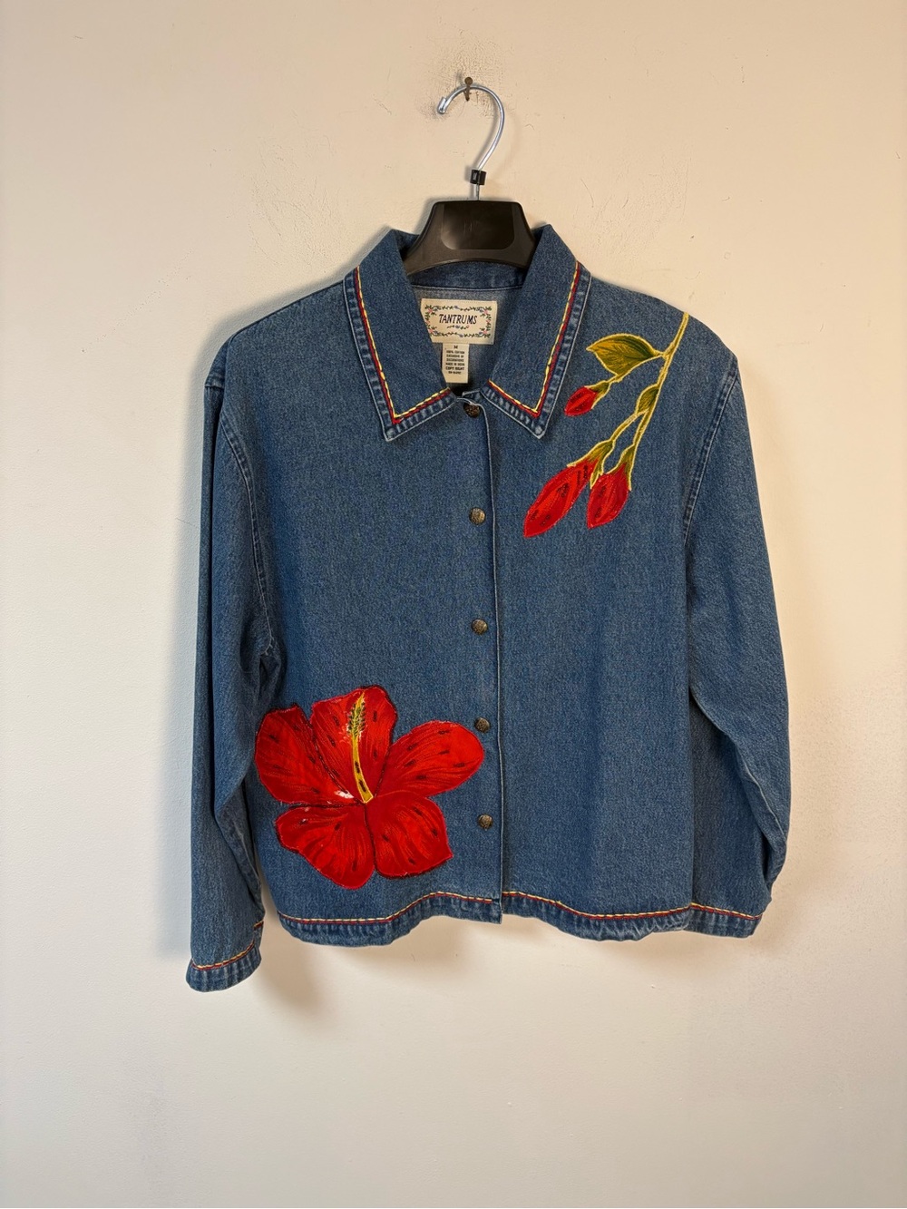 Vintage-Inspired Embroidered Denim Jacket - Red Embroidered Hibiscus Medium